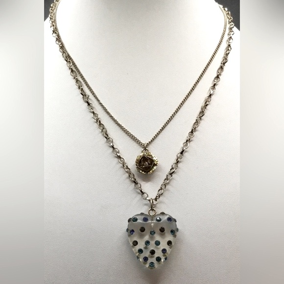 Betsey Johnson Jewelry - VINTAGE BETSY JOHNSON HEART  NECKLACE  BLUE RHINESTONE HEART GOLDTONE LAYERED
